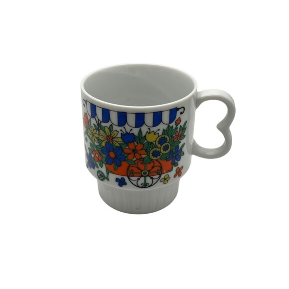 Vintage Japan Stackable Floral Flower Cart Mug Blue White Stripe Awning MCM Boho - Picture 1 of 8